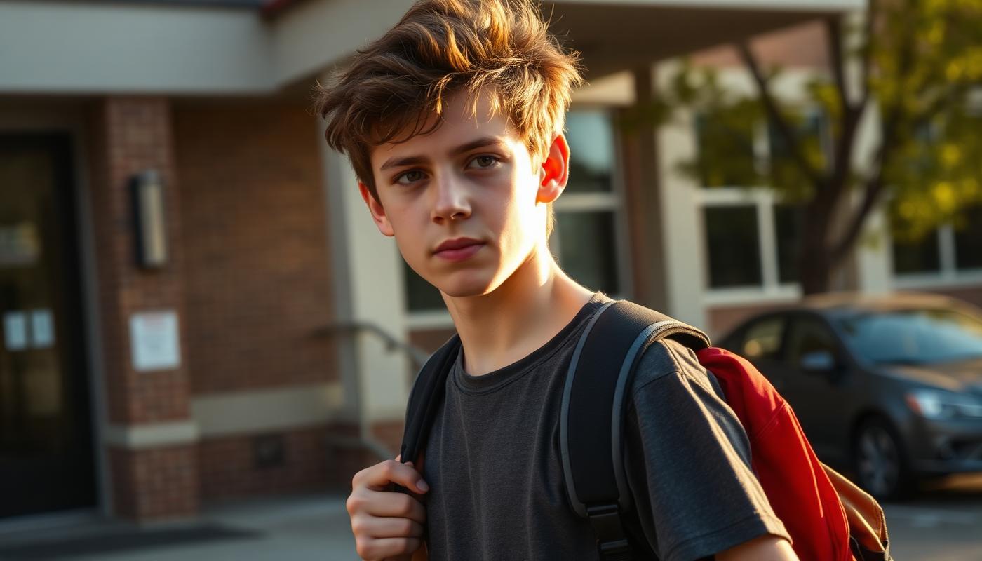 Teenage boy leaving school in the late afternoon with hair still naturally styled