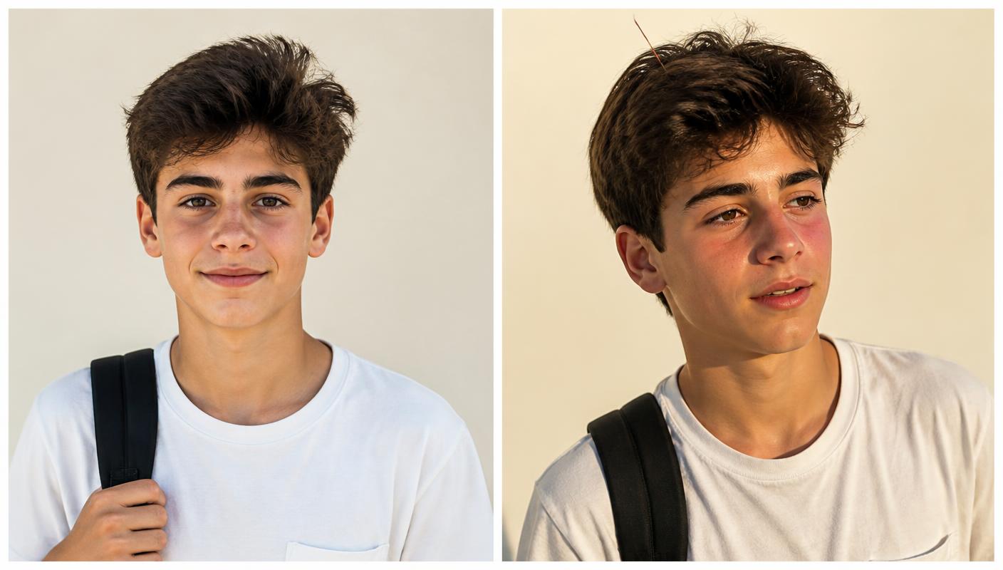 Same teenage boy at 7:30 AM with freshly styled hair and at 3:30 PM after a full school day