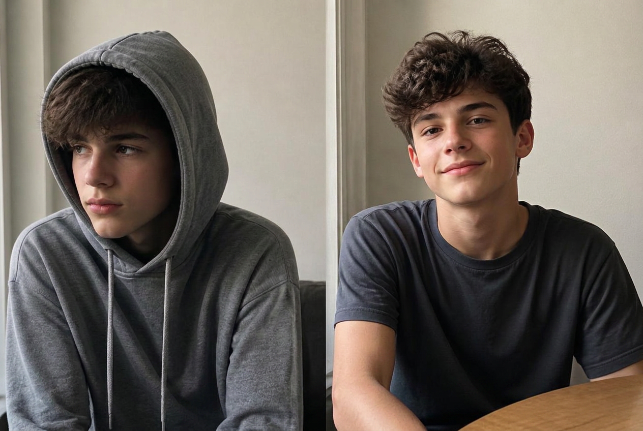 Teenage boy in a hoodie with unstyled hair beside the same boy with styled hair and a jar of hair clay